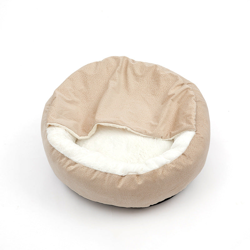 Cozy Dog & Cat Bed with integrated cuddle blanket in donut shape beige - buy tested dog accessories from happypawsco
