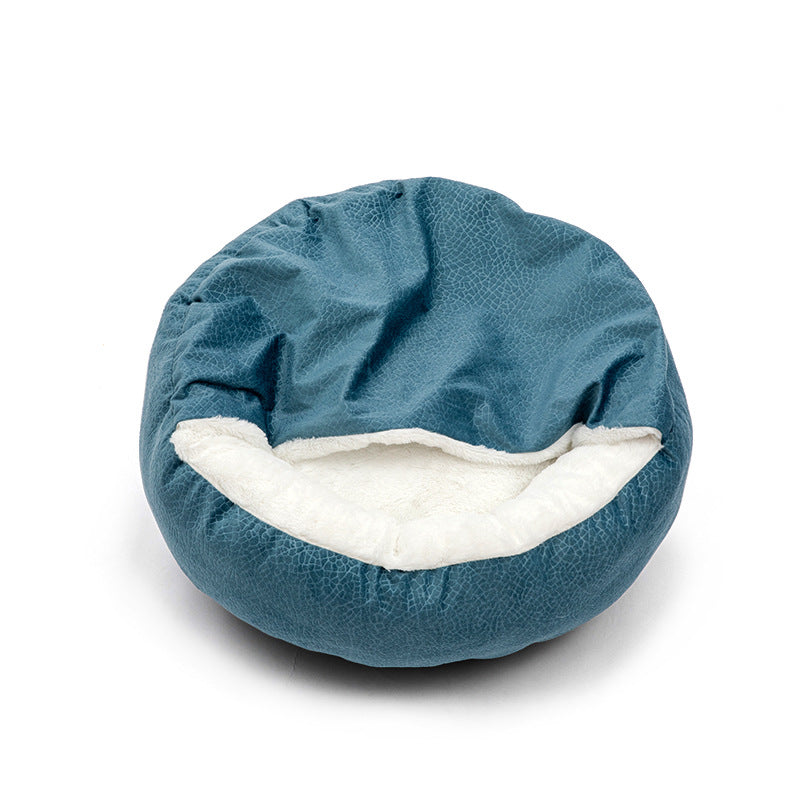 Cozy Dog & Cat Bed with integrated cuddle blanket in donut shape blue- buy tested dog accessories from happypawsco