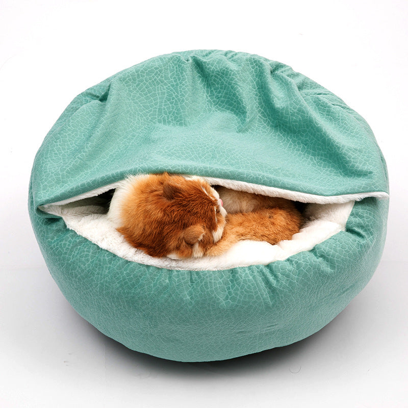 Cozy Dog & Cat Bed with integrated cuddle blanket in donut shape green - buy tested dog accessories from happypawsco